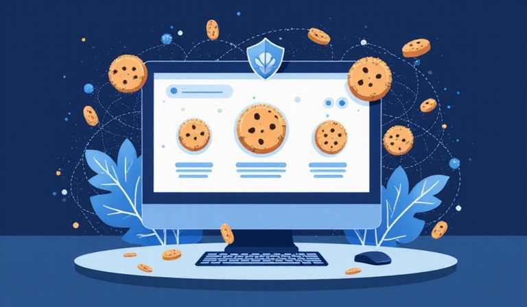Illustration of various types of cookies on a digital device screen, representing data privacy and web browsing